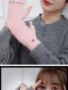 Winter plush half finger convertible gloves for women, warm knitted thick convertible mittens.