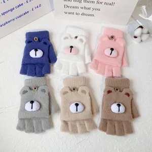 Cute cartoon bear half-finger convertible knit gloves for women winter warm fleece mittens.