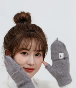 Knitted plush convertible half-finger warm gloves detail view, soft winter handwear for cold days.
