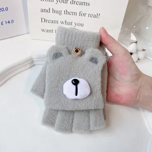 Women winter warm half finger flip knit gloves cute bear plush thick office mitten grey