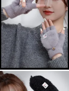 Winter warm plush half-finger convertible gloves for men and women thickened knit mittens.