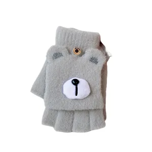 Women cute bear winter warm knit half-finger gloves conversion flip top grey wool mittens