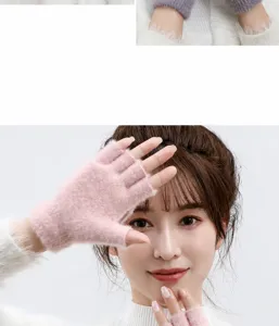 Winter warm knitted plush half finger gloves for women students fashion cold weather wear.