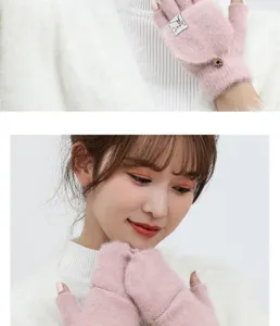 Plush knitted convertible half-finger winter gloves detail view, warm and stylish for cold days.