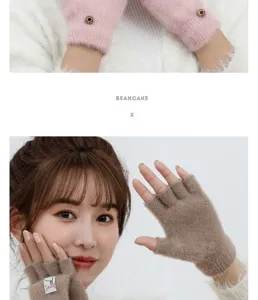 Close-up detail of knitted plush fingerless gloves worn by model, showing winter warm texture.