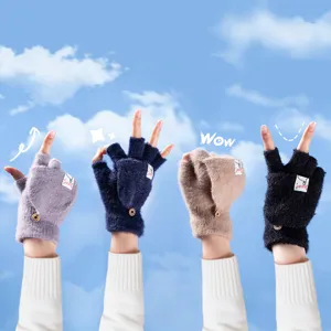 Winter Warm Thickened Imitation Mink Cashmere Half Finger Flip Top Gloves Unisex Jacquard Design Outdoor Daily Gloves