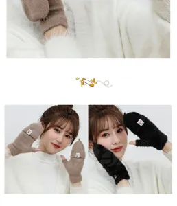 Winter plush knit convertible half-finger warm gloves for women, cozy winter thermal mittens.