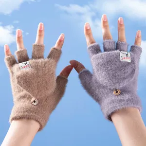 Thermal fuzzy half-finger convertible gloves for men and women, cozy knit winter warm mittens.