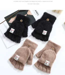 Winter warm knit plush flip cover half finger gloves for students and outdoor activities.