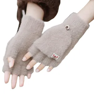 Warm winter convertible fingerless gloves for women and men, cozy plush knit mitten design.