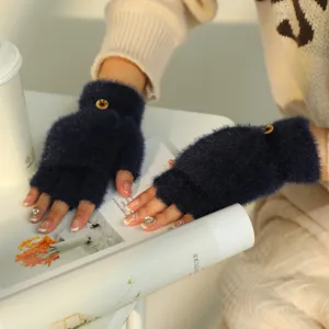 Damen Winter Flauschige Halbfinger Handschuhe Süße Flip Strick Warme Fäustlinge Mode
