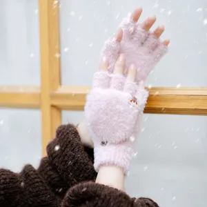 Knitted plush flip half-finger warm gloves for winter daily wear and outdoor snow play.