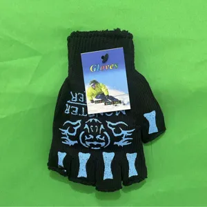 Guanti lavorati a maglia neri senza dita con stampa mostro blu, accessori invernali caldi.
