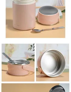 Detailansicht eines rosa Isolierbehälters mit Klapplöffel und Edelstahlinnenraum.