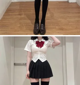 Kniestrempfe JK Uniform Outfit Detailansicht, bequeme lange High-Tube Strumpfware.