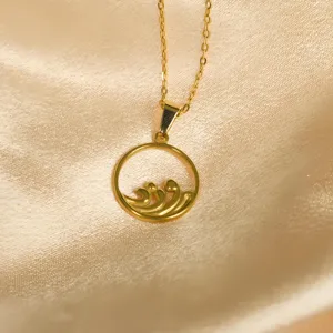 Gold wave circle pendant necklace detail, minimalist stainless steel jewelry for daily wear.