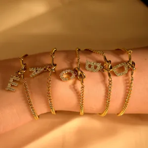 Minimalist Stainless Steel Letter Charm Bracelet For Women Gold Plated Rhinestone Initial Chain Fashion Jewelry Gift