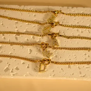 Gold-plated rhinestone letter charm chain bracelet set, minimalist retro jewelry for women.