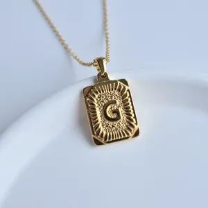 Close-up view of the golden square initial letter pendant necklace, exquisite textured details.
