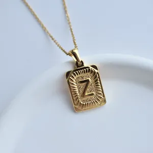 Gold stainless steel letter Z rectangular pendant necklace, delicate jewelry accessory.