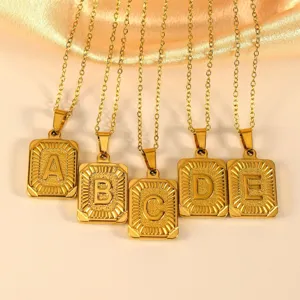 Gold Stainless Steel Square Initial Letter Pendant Necklace Set for Women Jewelry
