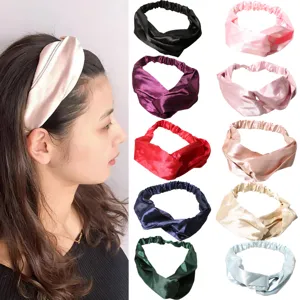 Satin twisted headbands in various colors shown on a model and in a detailed color grid.