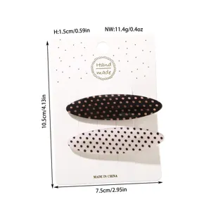 Detailed size dimensions of acetate polka dot hair clips on white presentation card.