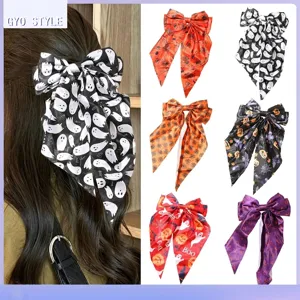 Pinzas para el Cabello con Lazo Grande de Halloween para Mujer Tela Satén Calabaza Fantasma Telaraña Patrón Cinta Larga Pasador de Pelo para Fiesta Accesorios