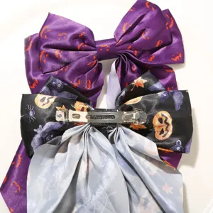 Lazo grande para el pelo de Halloween con estampado de calabaza y telaraña en cintas
