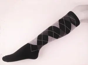 Detailed view of women argyle pattern knee high socks, classic black and grey geometric knit design.
