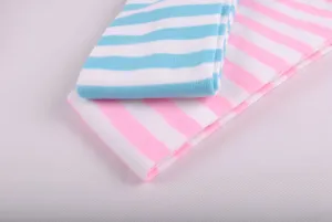 Close-up detail of striped over-knee socks in blue and pink for daily wear and cosplay.