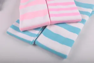 Detailed shot of striped over-the-knee socks, pink white and blue white knit styles.