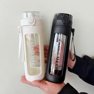 Vaso de Viaje Deportivo de Vidrio de Borosilicato Moderno Minimalista Con Pajita Funda Aislante Portátil Resistente A Altas Temperaturas Hermético