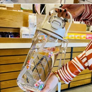 Grande bouteille d'eau portable avec paille, autocollants et échelle de temps