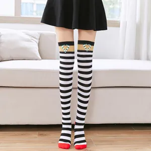 Black and white striped over-the-knee socks with gold band and cute heart design for women.
