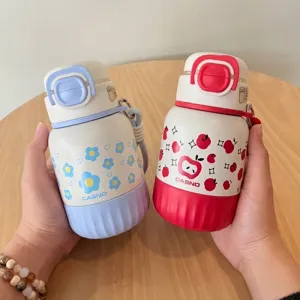 Cartoon Kinder 316 Edelstahl Isolierflasche Tragbare Strohhalm Thermoskanne Mit Trageband Auslauffreie Kinder Vakuumflasche Für Schule