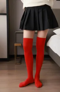 Solid red over-the-knee socks detail shot, perfect for cosplay, parties, dance and daily wear.