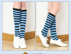 Women knee high striped socks black and blue fashion long stockings for spring and autumn wear