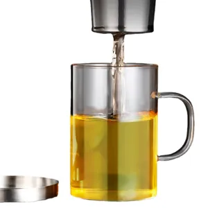 Hitzebeständige Glastasse mit feinem Edelstahl-Sieb und Metalldeckel für losen Tee