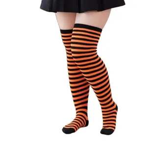 Plus size orange and black striped over-the-knee socks for women, cute thigh high stockings.
