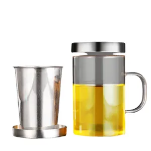 Hochwertige hitzebeständige Teetasse aus Glas mit Edelstahl-Siebeinsatz und Deckel