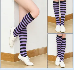 Close-up detail shots of women's black and purple striped knee-high socks worn with white shoes.