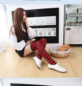 Japanese style red and black striped over knee long socks for women fashion daily wear
