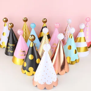 Gorrito de Fiesta de Cumpleaños con Bola de Lentejuelas Papel de Oro Lunares Rayado para Niños Adultos Decoración de Pasteles
