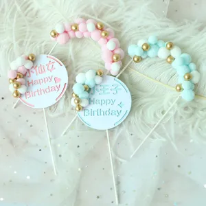 Gefeliciteerd Met Je Verjaardag Taarttoppers Pompon Gouden Kraal Boog Ronde Plaat Voor Verjaardagsfeestje Decoraties Schattig Thema Dessert Plugins Decor