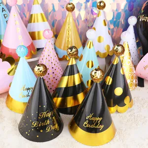 Gorros festivos para fiestas de cumpleaños con bolas de lentejuelas y motifs de oro