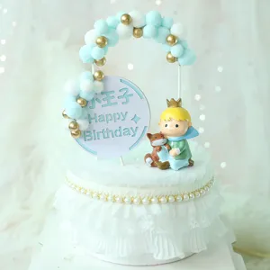 Handgemaakte De Kleine Prins taarttopper set met blauwe pompon boog en gouden kralen