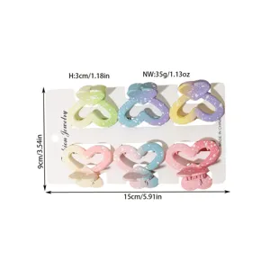 Dimensions du lot de 6 pinces à cheveux en forme de cœur aux couleurs pastel dégradées.