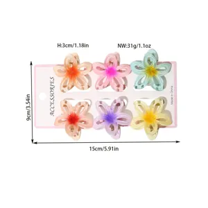 Gedetailleerde afmetingen en gewicht voor de set van zes kleurrijke Plumeria haarklemmen