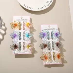 Detail of 6-piece set transparent glitter flower hair claw clips for half-up hair styling.